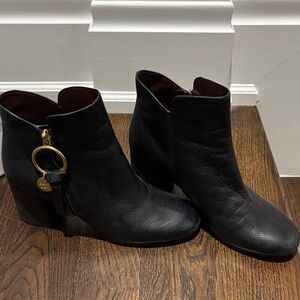 See By Chloe Black Leather Ankle Boots with Gold Accent